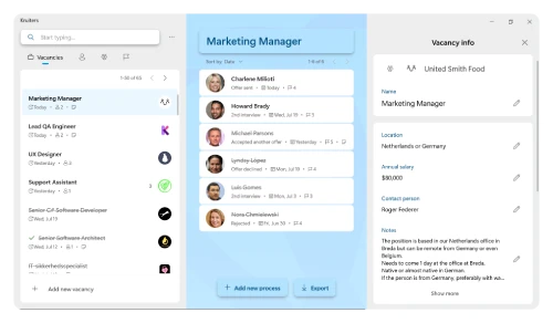 Have a great user experience with Kruiters. Most common tasks are completed quickly and easily. For example, select a vacancy to see the list of their processes in order by either date or number of stages. You can tell at a glance if the process is open or closed, at what stage the process is, etc. Click on the process (or vacancy) title to edit the process (or vacancy) or to see more details.